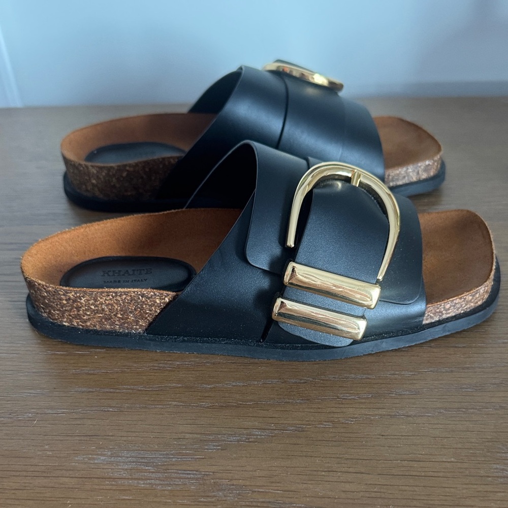 New Khaite Thompson Black Leather Slide Sandals with Gold Buckle - Picture 3 of 7